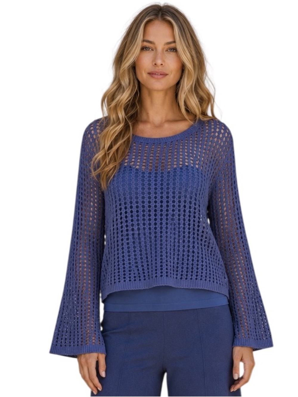 Zenana Open Knit Crochet Bell Sleeve Top